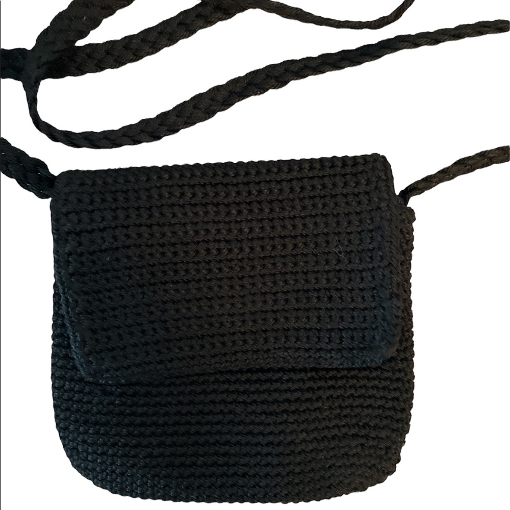 Chateau Small Black Knit Zipper and Fold over Front Flap Mini Purse